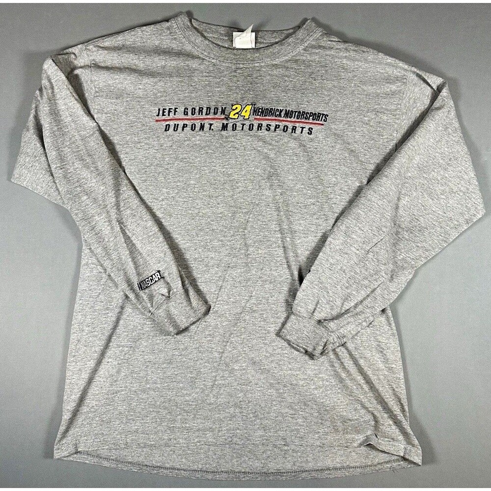 Vintage Jeff Gordon 24 Hendrick Dupont NASCAR Long Sleeve L Gray Tee Hole